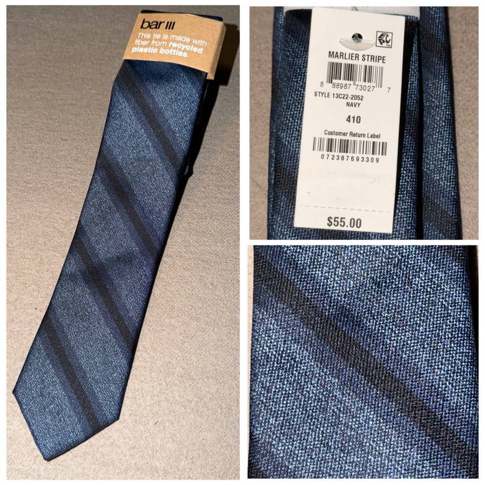 Bar III Marlier Stripe Necktie Navy Blue Recycled Polyester Mens Fashion Tie NWT